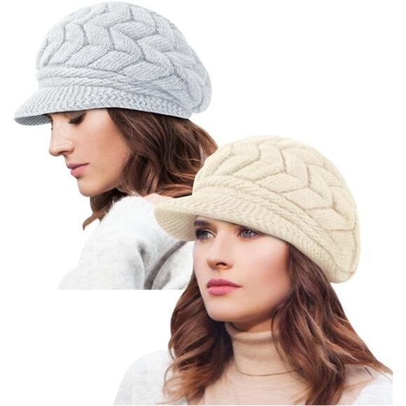 2 Pack Women's Winter Hats Warm Knit Hat Slouchy Beanie Cap with Brim